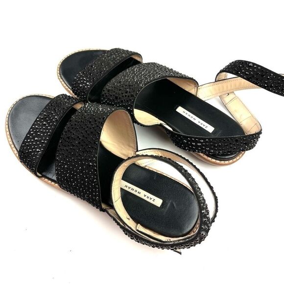 Zara Woman black beaded ankle wrap flat sandals size 9 - Picture 3 of 9